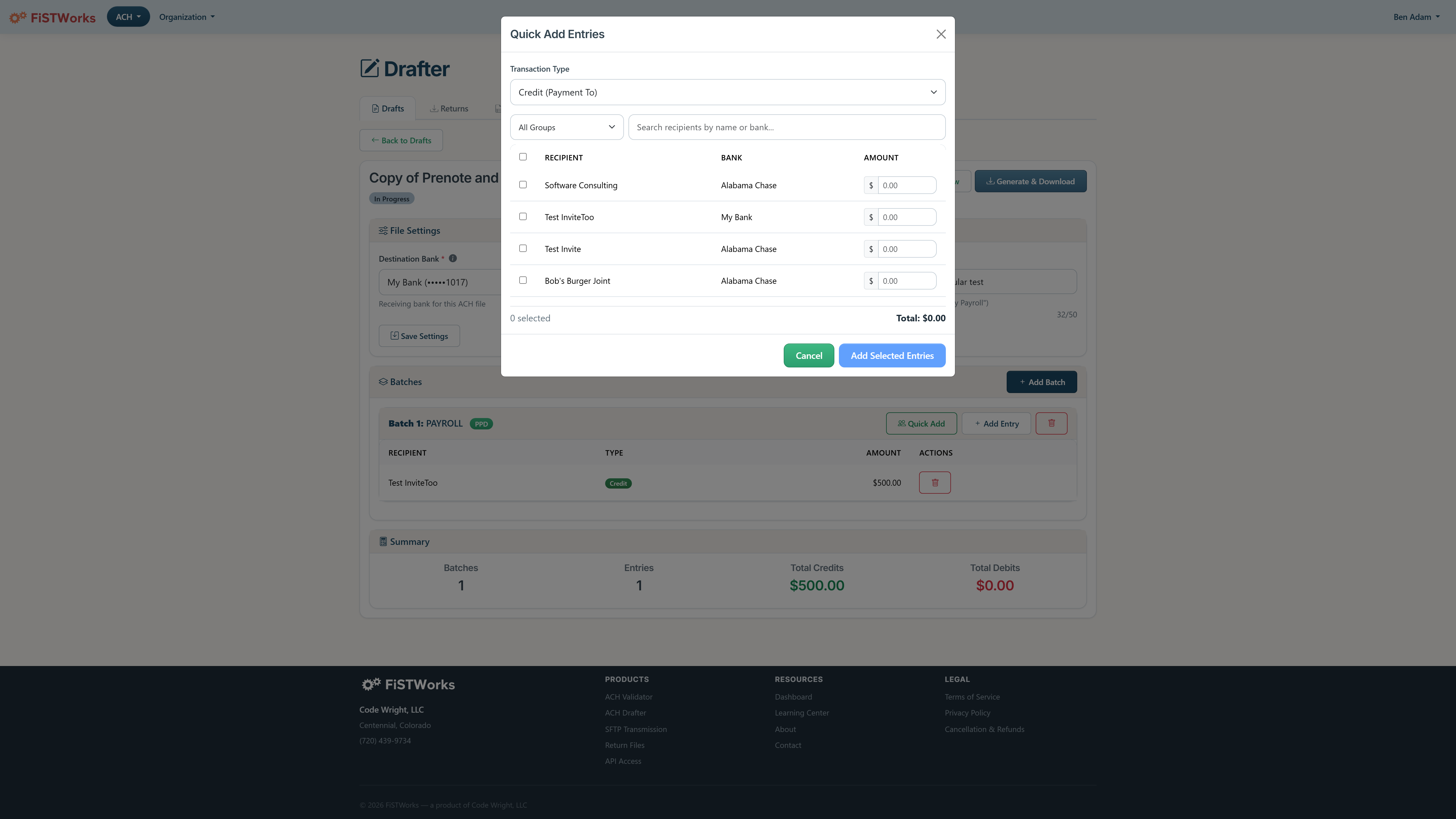 Quick-add modal to pay every recipient at once