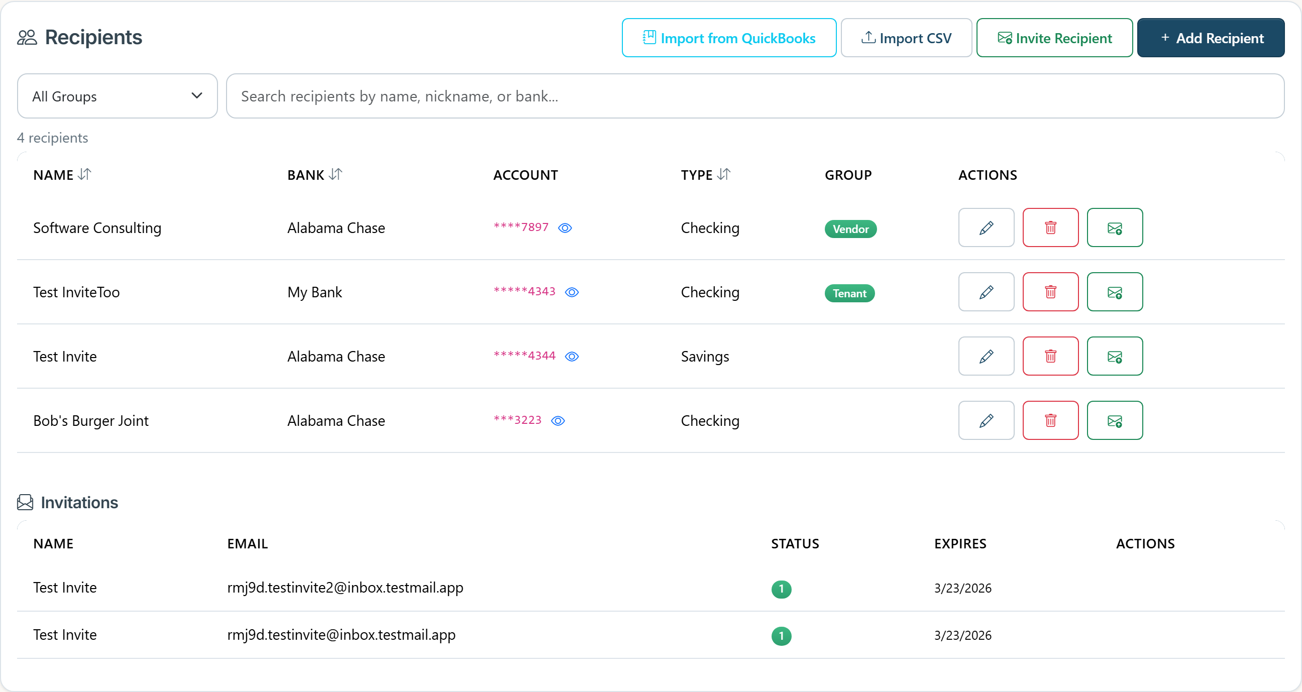 Recipient directory with encrypted account numbers and bulk CSV import
