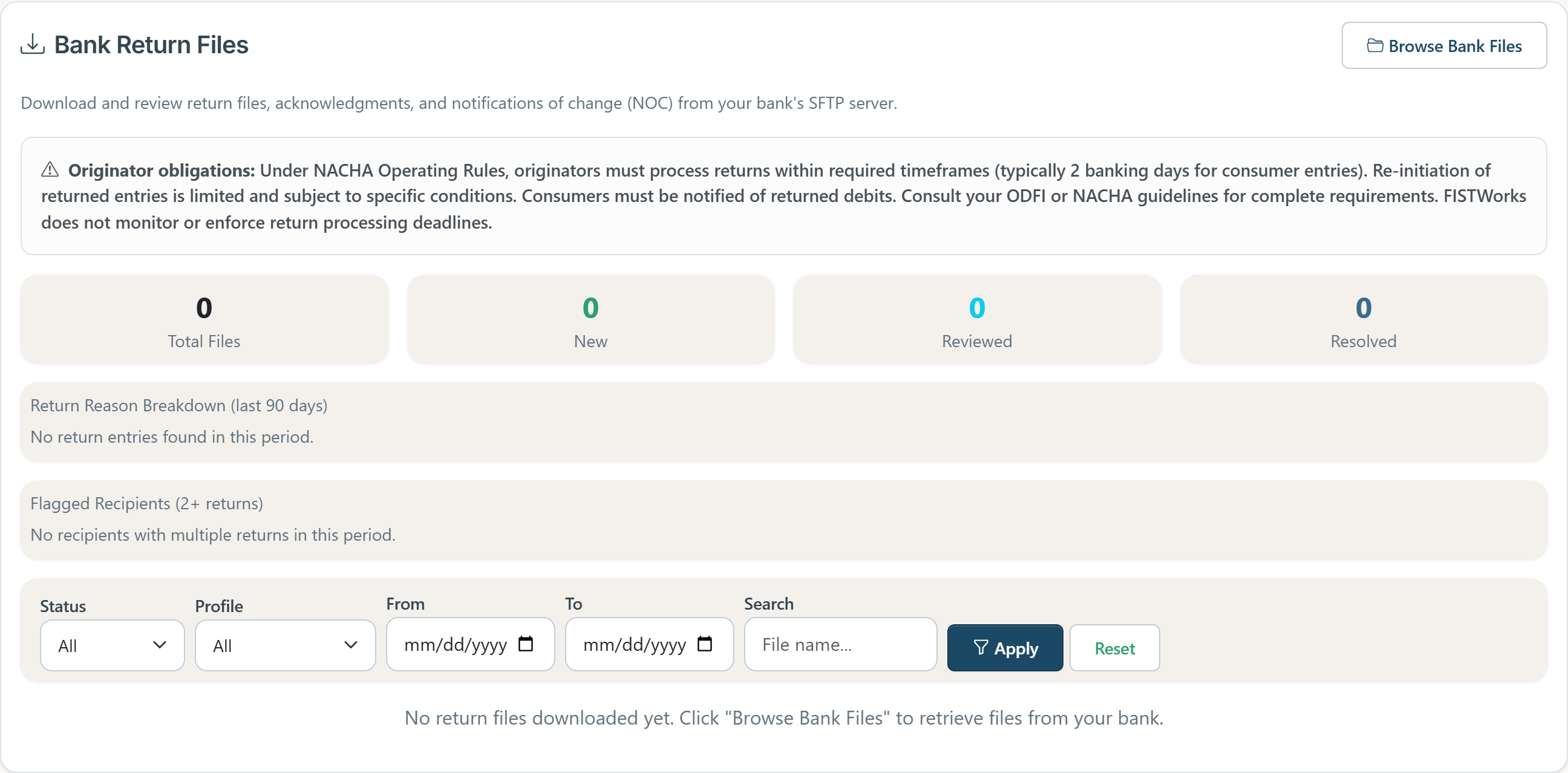 Return and NOC file browser with status tracking