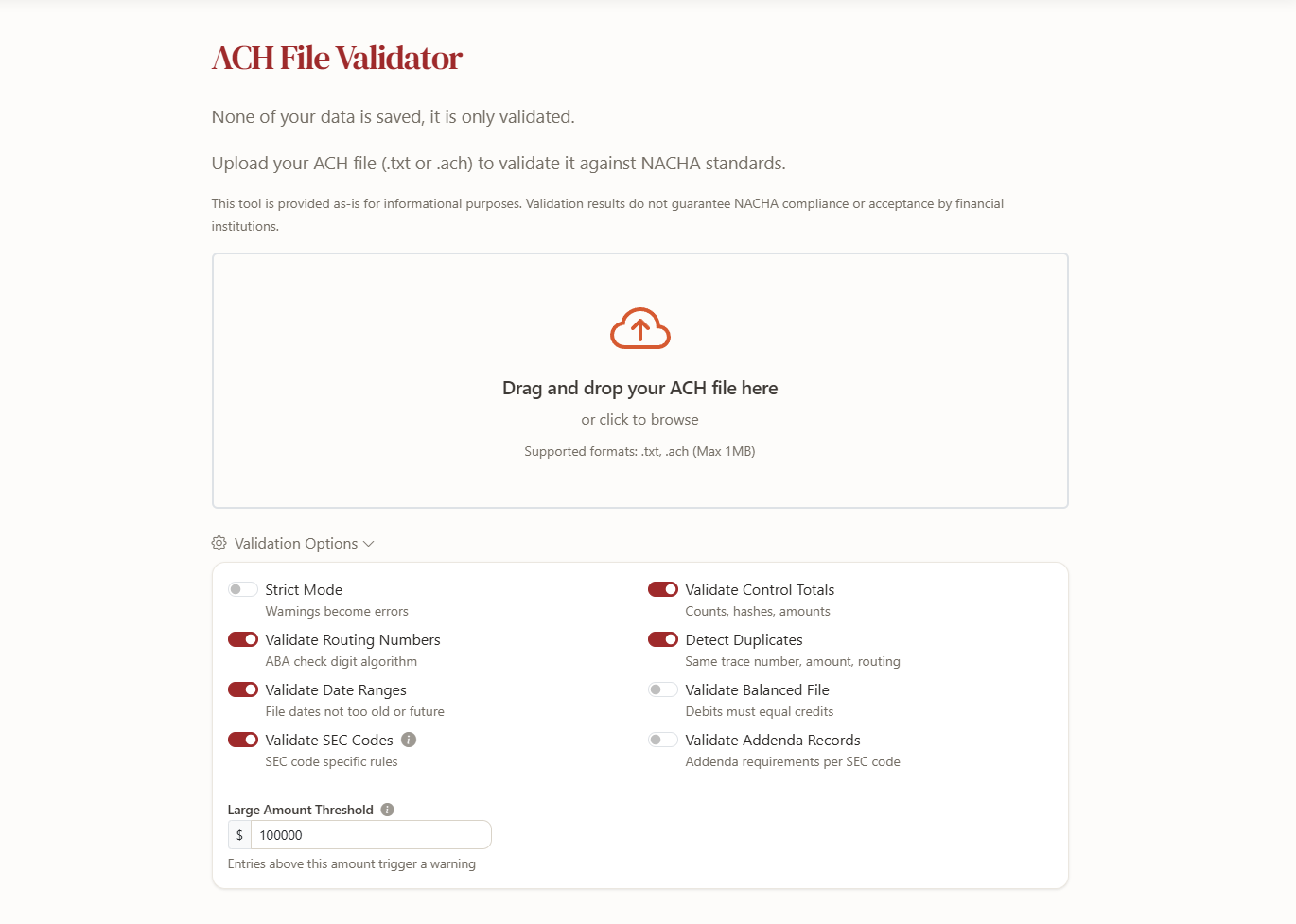 Validation options panel